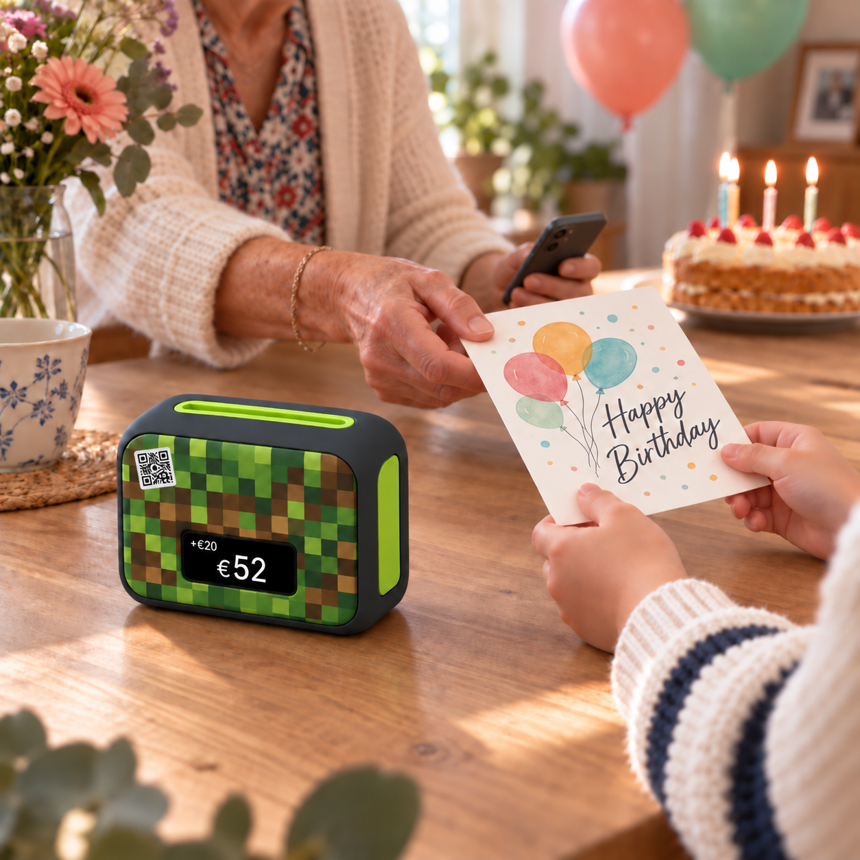 Grandma gives a birthday card while holding her phone beside a Pixel Pocket