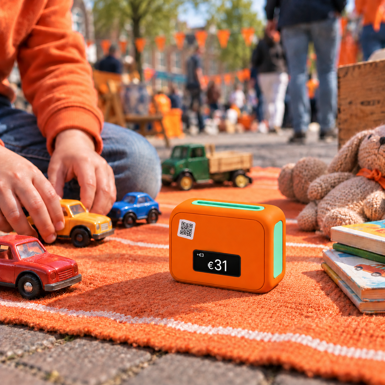 An orange Pocket beside toys on a King's Day market blanket