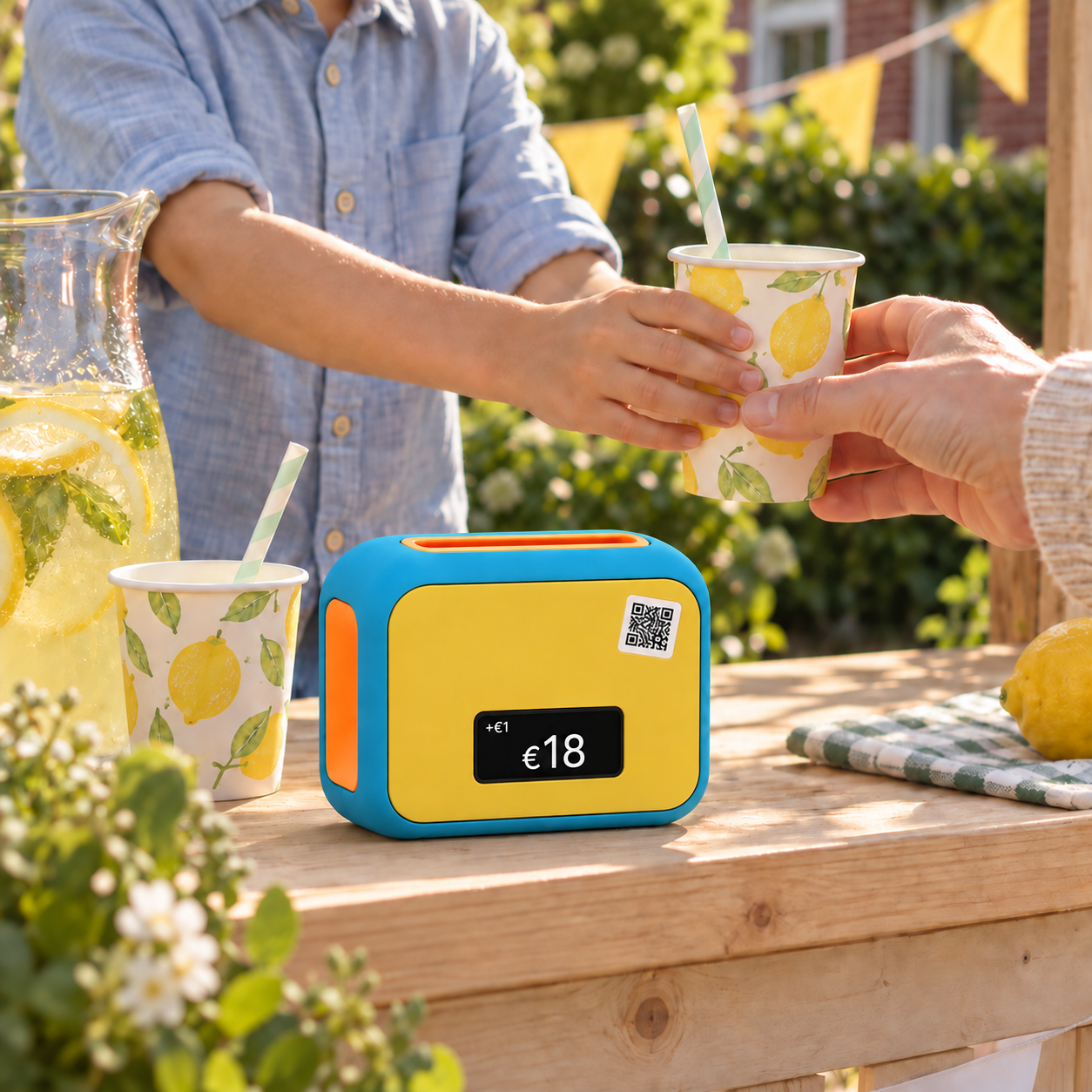 A sunshine-yellow Pocket on a child's lemonade stand